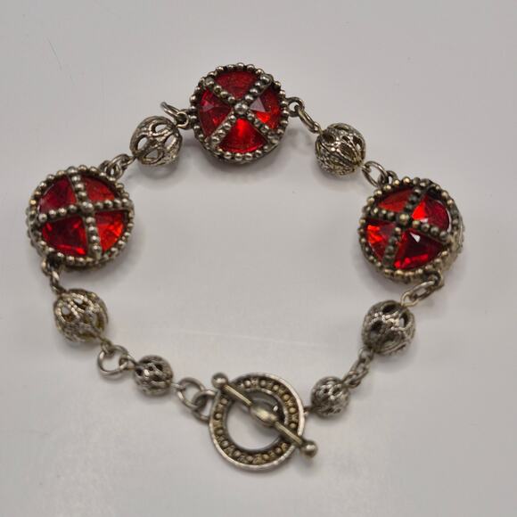Vintage Medieval Victorian Style Bracelet Silver-tone and Red Stone Toggle Close - Picture 14 of 16